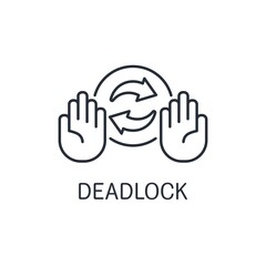 Two hands in stop gesture and exchange arrows between them. Mutual blocking, deadlock. Vector linear icon isolated on white background