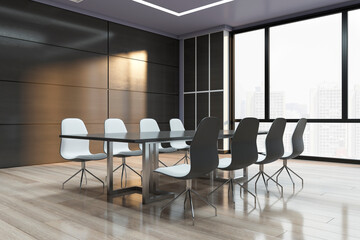 Simple glass partition meeting room interior with wooden flooring, furniture and equipment. 3D Rendering.