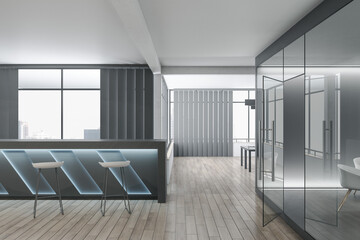Clean concrete and glass office interior with wooden parquet flooring. Commercial workplace, law and legal concept. 3D Rendering.