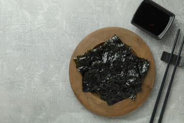 Concept of Japanese food, seaweed nori, space for text