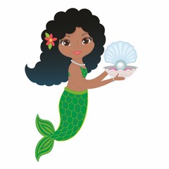 Lovely mermaid with shell with pearl. Isolated on white background. Vector illustration.