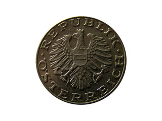 Obverse of Austria coin 10 schilling minted from 1974 to 2001 with inscription REPUBLIC OF AUSTRIA....