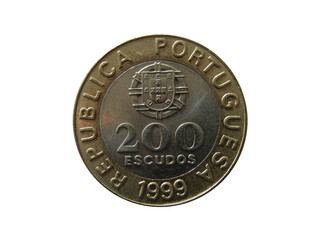 Obverse of Portugal coin 200 escudos 1999 with inscription meaning PORTUGUESE REPUBLIC. Isolated in white background.
