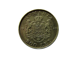 Reverse of Romania coin 200 lei 1942 with inscription meaning 200 LEYS. Close up view.