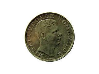Obverse of Romania coin 200 lei 1942 with inscription meaning MIHAI I THE KING OF ROMANIANS. Isolated in white background.