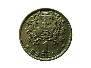 Reverse of Portugal coin 1 escudo minted from 1927 till 1968. Isolated in white background.