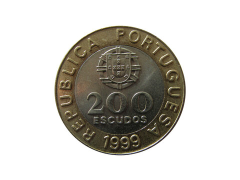 Obverse of Portugal coin 200 escudos 1999 with inscription meaning PORTUGUESE REPUBLIC. Isolated in white background.
