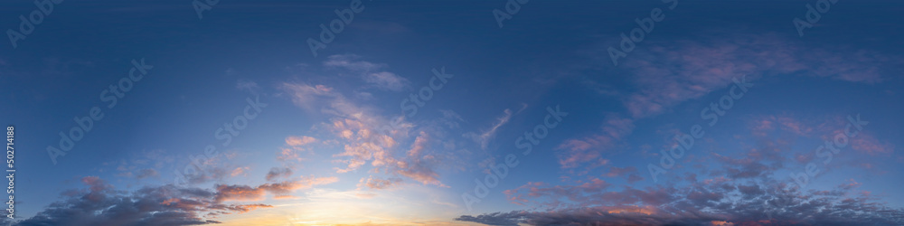 Wall mural dark blue twilight sky panorama with cumulus clouds. seamless hdr 360 panorama in spherical equiangu
