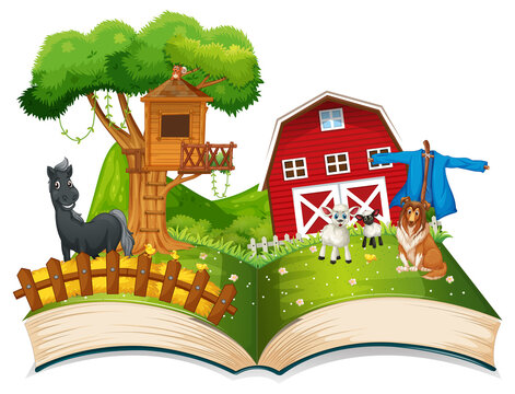 Open book farm theme on white background