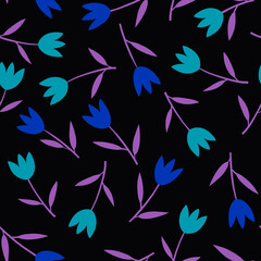 Decorative blue tulips with pink leaves seamless background Limited bright colors