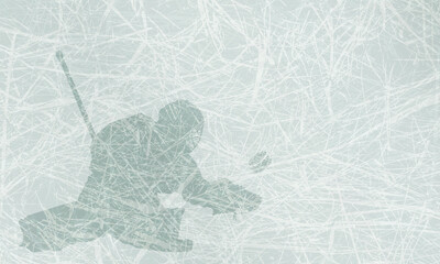 Background with hockey goalie and puck on blue ice texture. Sports illustration.