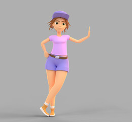 3D Young woman stands leaning against invisible wall. Stylish girl with short hair, purple cap and shorts in funny pose. Cartoon illustration of female character isolated on grey background, 3D render