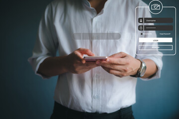 Obraz na płótnie Canvas Business man using smartphone on blur background.