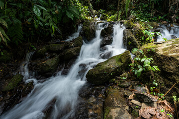 Fototapeta premium A small beautiful waterfall flowing through black rocks, Ogru water, Ban San Charoen, Nan Province.