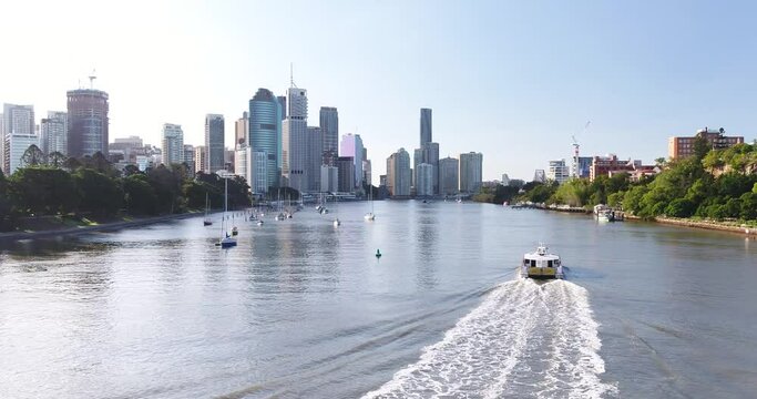 Brisbane River Aerial footage with boat travelling up the river 2017