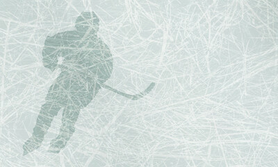 Sports background with a hockey player and a hockey stick in his hands on a light blue ice texture
