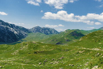 Fototapeta na wymiar Montenegro. Durmitor National Park. Saddle Pass. Alpine meadows. Mountain landscape. Popular tourist spot