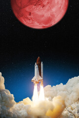 Spaceship lift off. Space shuttle with blast and smoke takes off to the red planet mars. Mars...
