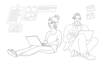 Young man and woman are sitting, learn, communicate. Outline vector.