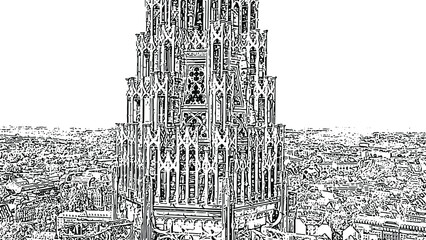 Strasbourg, France. The historical part of the city, Strasbourg Cathedral. Doodle sketch style. Aerial view - obrazy, fototapety, plakaty