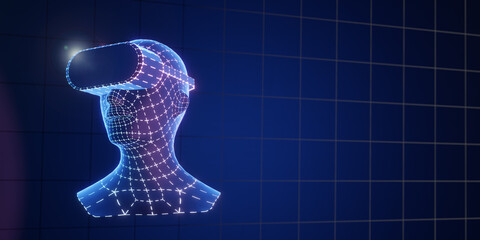 3D blue wireframe virtual human head wear VR headset on dark background. 3D illustration rendering