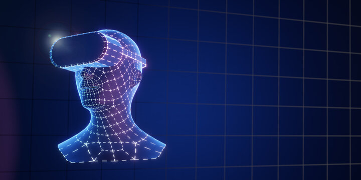 3D blue wireframe virtual human head wear VR headset on dark background. 3D illustration rendering