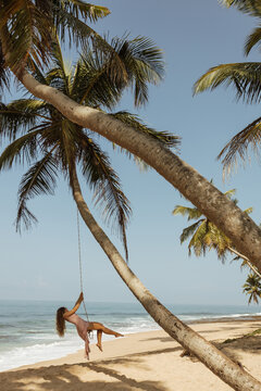 A Girl In A Dress Swings On A Bungee In Her Palm On The Beach Of Sri Lanka