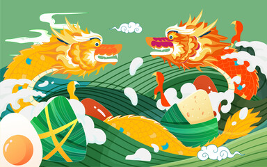 Dragon boat festival dragon flying in the river with waves and zongzi in the background, vector illustration