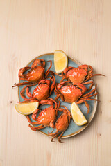 Cooked crabs on a blue dish on a light wooden background served with lemons and parsley. Sardinian and Venice Seafood Recipes (cavuru buddiu). Seafood still life, top view
