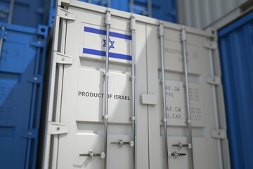 Goods from Israel in cargo container and printed national flag. Business related 3D rendering