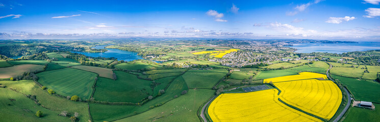 Panorama over Devon Fields and Farmlands from a drone, Paignton and Brixham, River Dart, England - obrazy, fototapety, plakaty