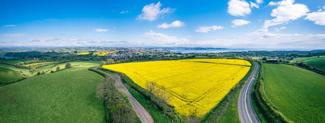 Panorama over Devon Fields and Farmlands from a drone, Paignton and Brixham, River Dart, England