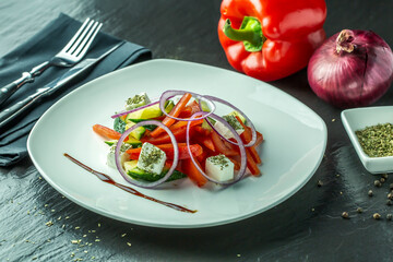 Greek salad, Feta cheese on Served Table, Restaurant food