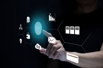 Person touching virtual screen to scan fingerprints, digital transformation management concept. Internet of Things, Big Data and Business Processes, Automation, Storage Systems, Cloud Computing