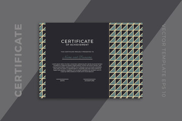 Trendy horizontal certificate of appreciation dark template with geometric pattern. Modern business diploma mockup for graduation or course completion. Vector background EPS 10