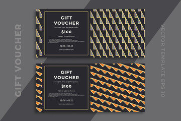 Elegant gift card templates with geometric pattern on dark background. Modern discount coupon or certificate mockup with artistic geometric mosaic. Simple vector editable background with sample text - obrazy, fototapety, plakaty