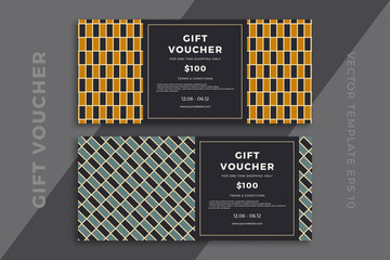 Modern discount coupon or certificate mockup with artistic geometric mosaic. Elegant gift card templates with geometric pattern on dark background. Simple vector editable background with sample text