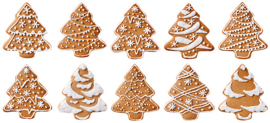 A set of gingerbread cookies in the form of Christmas trees. Various decorations made of sugar...