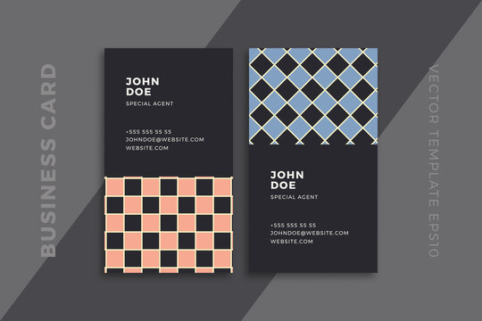 Modern abstract business card vertical dark templates. Trendy corporate stationery mockup with artistic geometric pattern. Clean and simple vector editable background with sample text. EPS10