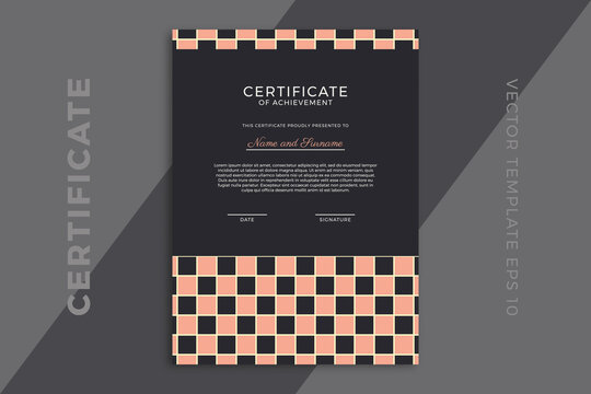 Modern design of certificate of appreciation vertical dark template. Elegant business diploma mockup for graduation or course completion with artistic geometric pattern. Vector background EPS 10
