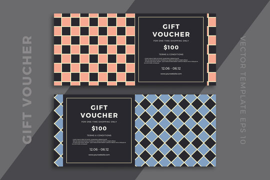 Modern discount coupon or certificate mockup with artistic geometric pattern. Trendy abstract dark gift card templates. Clean and simple vector editable background with sample text. EPS10