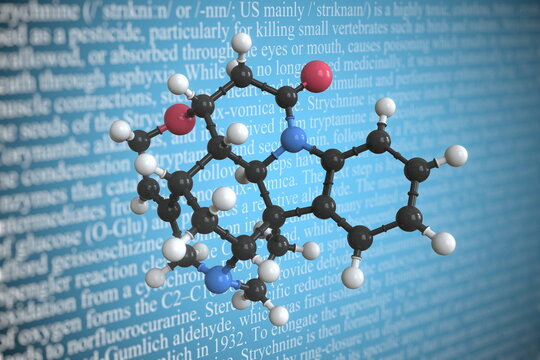 Strychnine scientific molecular model, 3D rendering