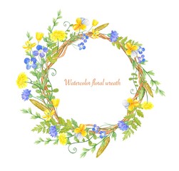 Wreath with twigs and meadow flowers, watercolor illustration