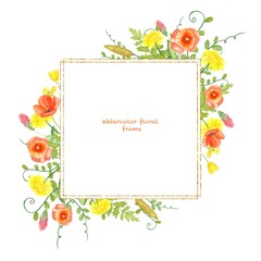 Square frame with meadow flowers, watercolor illustration