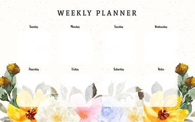 Lovely Weekly Planner with Rustic Spring Watercolor  Floral Background