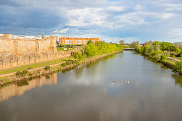 Fototapeta premium Scenic view of Guadiana River by Mérida city. On the left is the Alcazaba. Extremadura, Spain