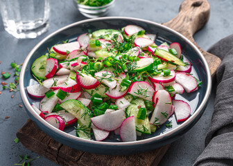Summer vitamin salad with radish, cucumber, herbs and flax seeds on a graphite background. Side view, close-up. Healthy food.