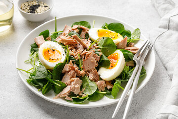 Tuna salad with boiled egg and spinach on white plate. Keto diet, healthy and detox food concept. Vegetable salad bowl.