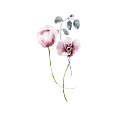 Background with watercolor flowers,floral illustration. Botanic composition for wedding or greeting card.For Mother's Day, wedding, birthday, Easter, Valentine's Day.