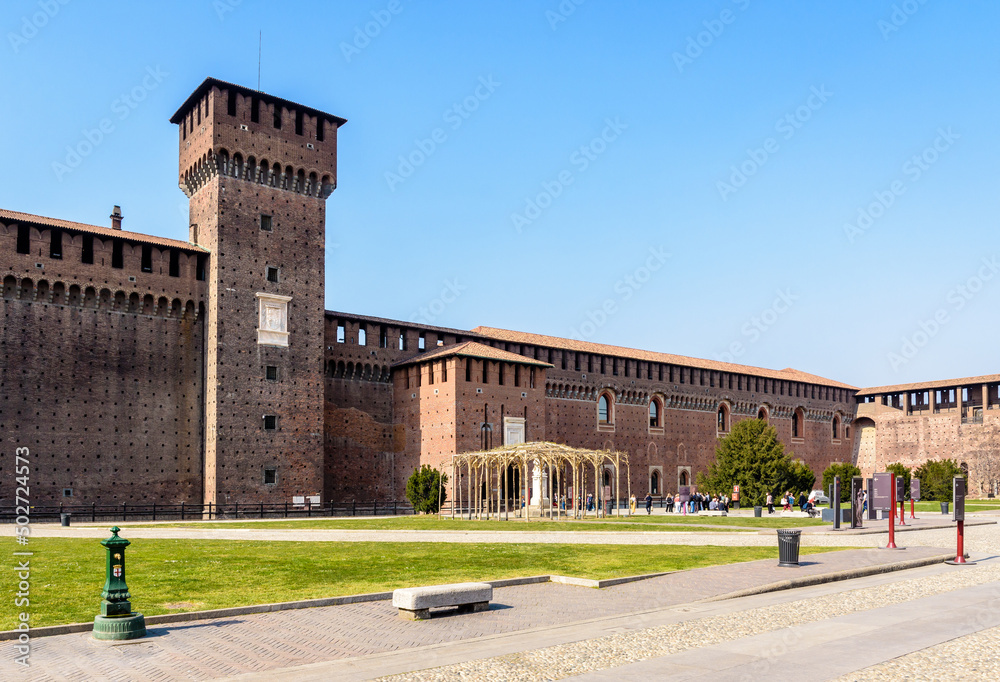 Wall mural The Torre di Bona di Savoia in the Castello Sforzesco (Sforza Castle) in Milan, Italy, seen from the outer courtyard on a sunny day.